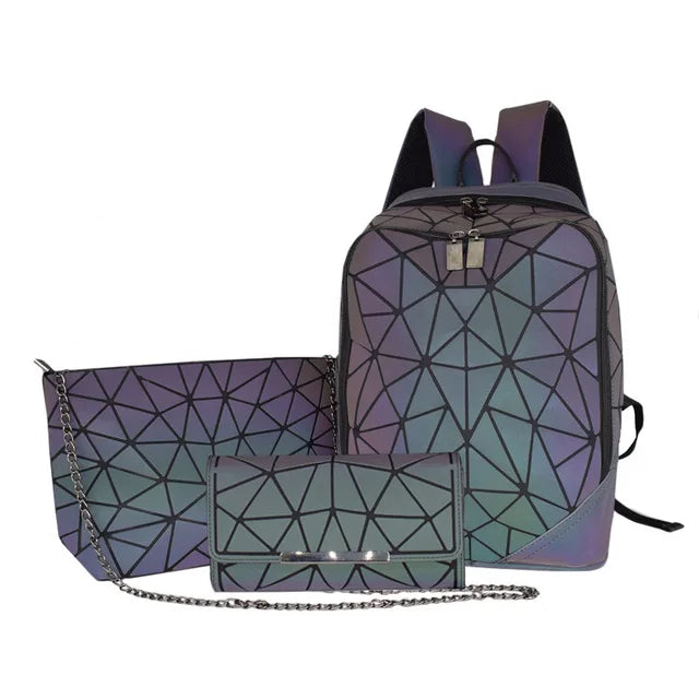 New Luminous bag Women Backpack 3 Pcs Set Laptop Backpacks Student School Bags Holographic Purse Geometric Bagpack Bag Mochila