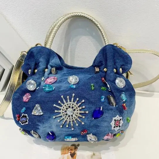 New Luxury Women Denim Bags Sweet Blue Pattern High Quality Handbags With  Purses Diamond Ladies Tote Bag Messenger Bags