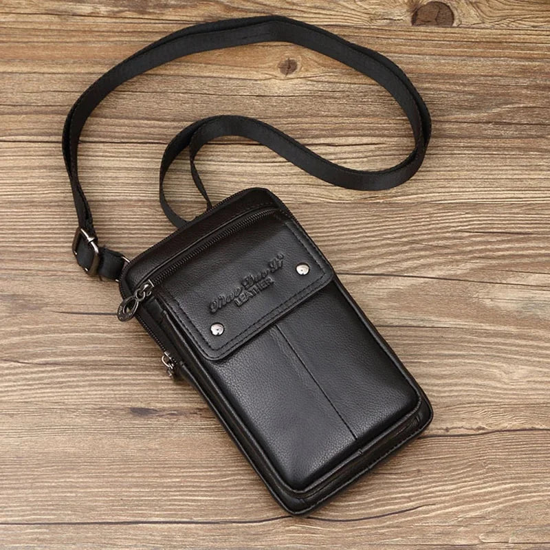 New Men Small Shoulder Fanny Messenger Bags Purse Hook Vertical Casual Fashion Cross Body Genuine Leather Waist Belt Pack Bag