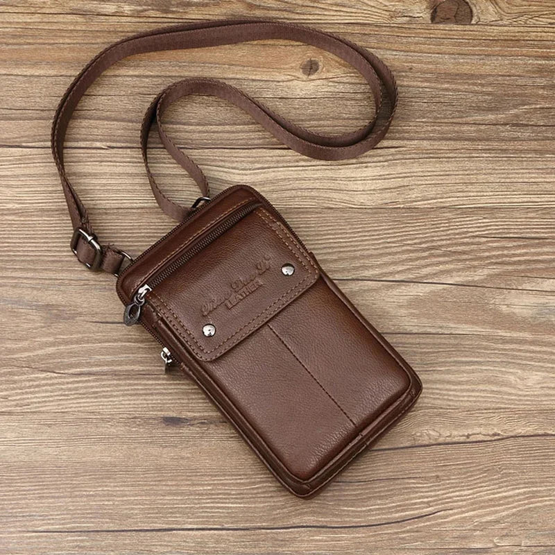 New Men Small Shoulder Fanny Messenger Bags Purse Hook Vertical Casual Fashion Cross Body Genuine Leather Waist Belt Pack Bag