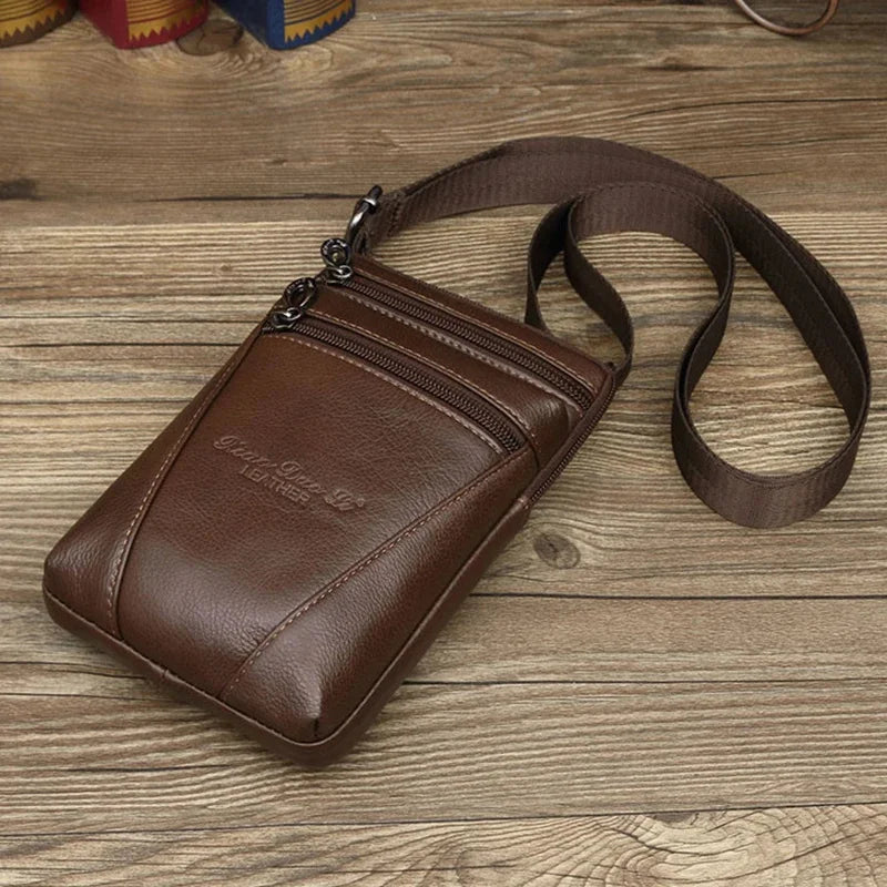 New Men Small Shoulder Fanny Messenger Bags Purse Hook Vertical Casual Fashion Cross Body Genuine Leather Waist Belt Pack Bag