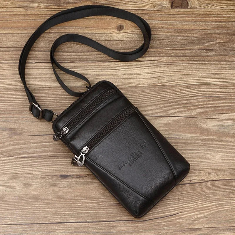 New Men Small Shoulder Fanny Messenger Bags Purse Hook Vertical Casual Fashion Cross Body Genuine Leather Waist Belt Pack Bag