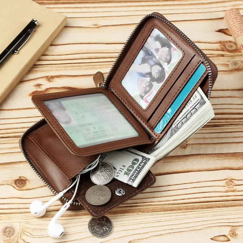New Men's Zipper Men PU Photo Bank Card Holder Purse for Male Note Compartment Coin Pocket Wallets
