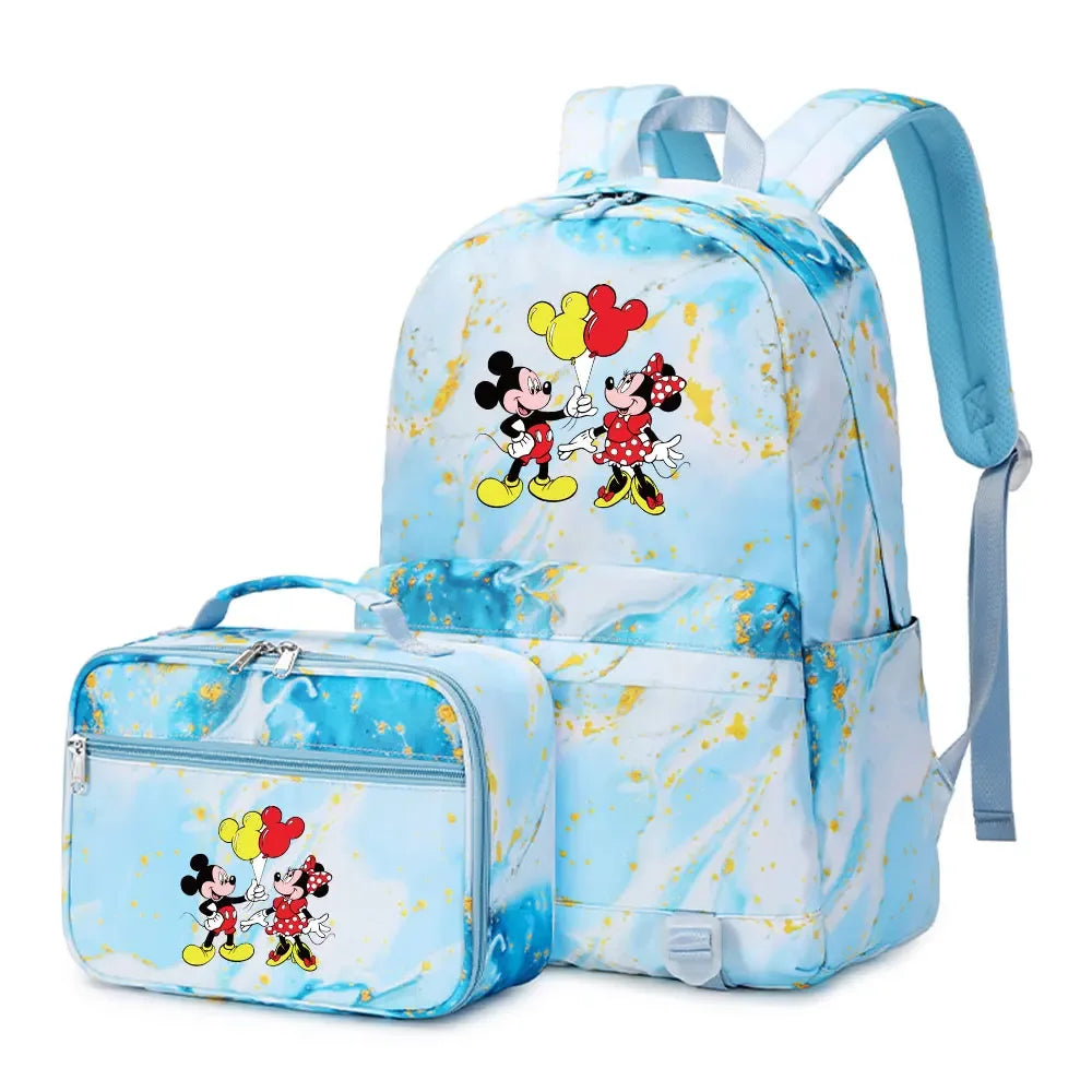 New  Mickey Minnie Mouse 2Pcs Boy Girl Kids School Book Bags Travel Backpack Lunch Bag for Student Teenagers Sets