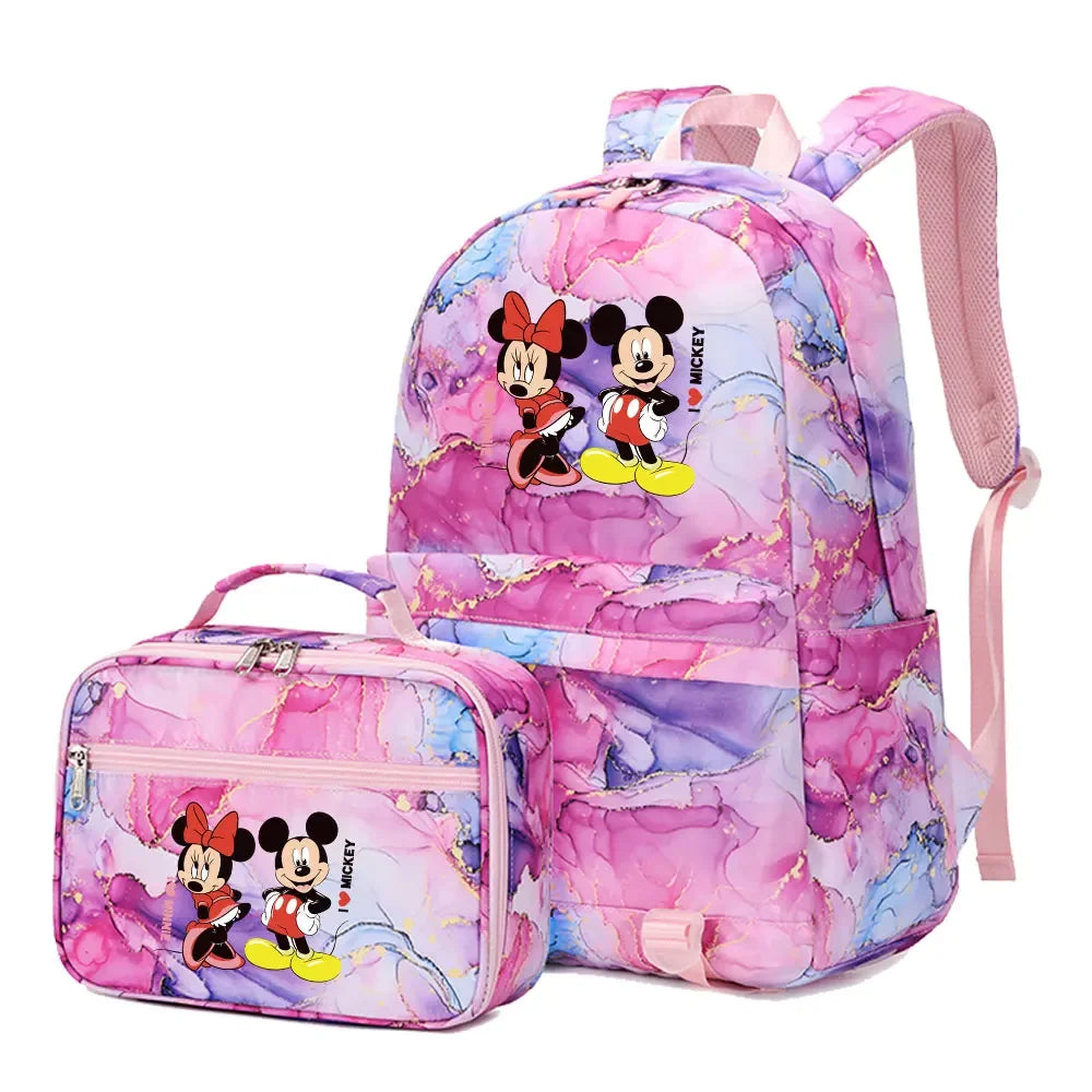 New  Mickey Minnie Mouse 2Pcs Boy Girl Kids School Book Bags Travel Backpack Lunch Bag for Student Teenagers Sets