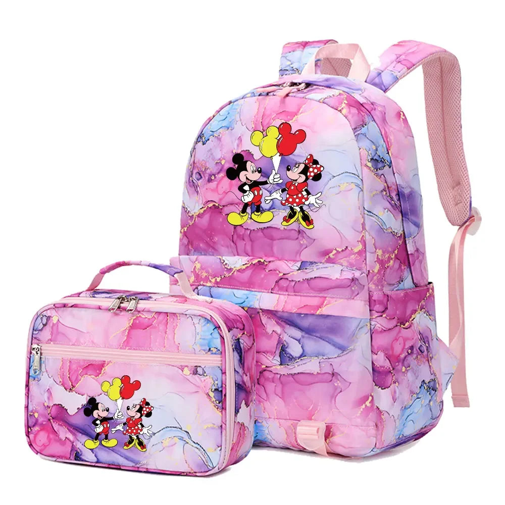 New  Mickey Minnie Mouse 2Pcs Boy Girl Kids School Book Bags Travel Backpack Lunch Bag for Student Teenagers Sets