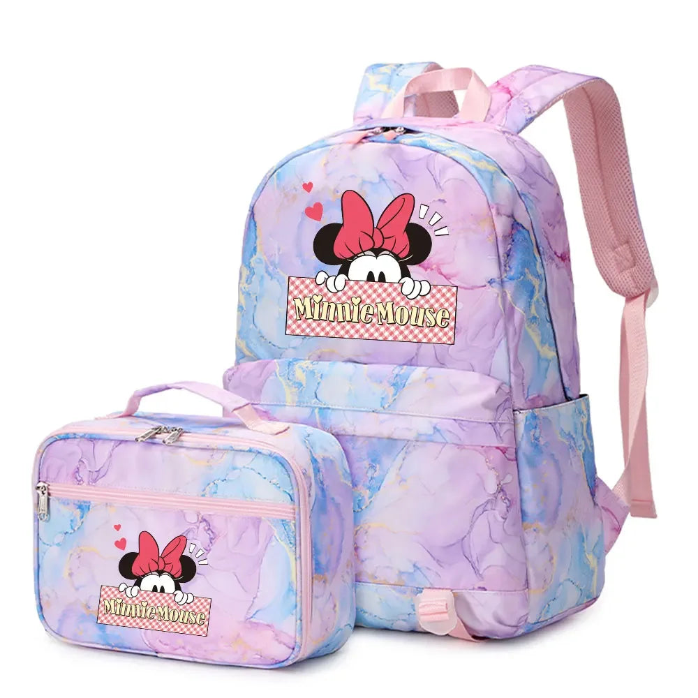 New  Mickey Minnie Mouse 2Pcs Boy Girl Kids School Book Bags Travel Backpack Lunch Bag for Student Teenagers Sets