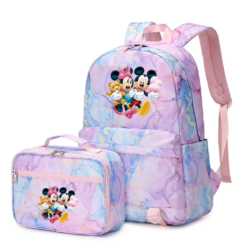 New  Mickey Minnie Mouse 2Pcs Boy Girl Kids School Book Bags Travel Backpack Lunch Bag for Student Teenagers Sets