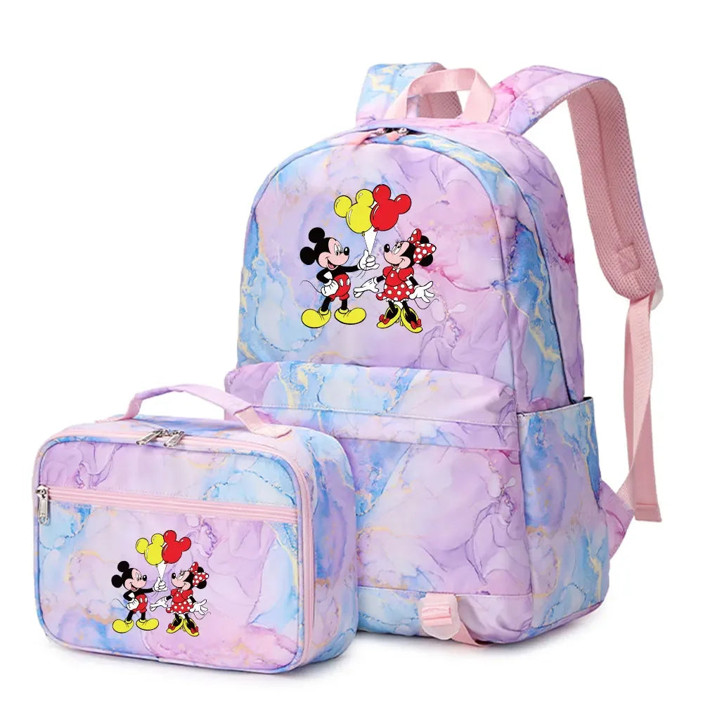 New  Mickey Minnie Mouse 2Pcs Boy Girl Kids School Book Bags Travel Backpack Lunch Bag for Student Teenagers Sets