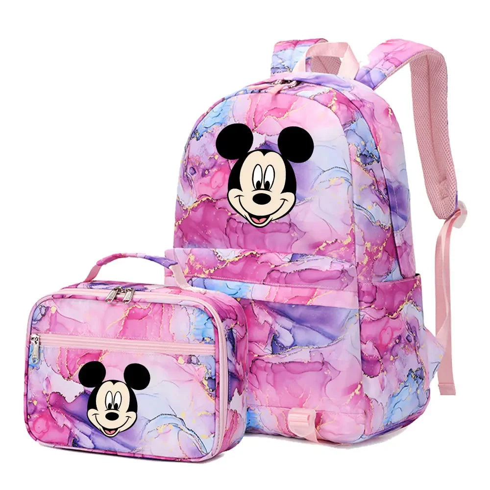 New  Mickey Minnie Mouse 2Pcs Boy Girl Kids School Book Bags Travel Backpack Lunch Bag for Student Teenagers Sets