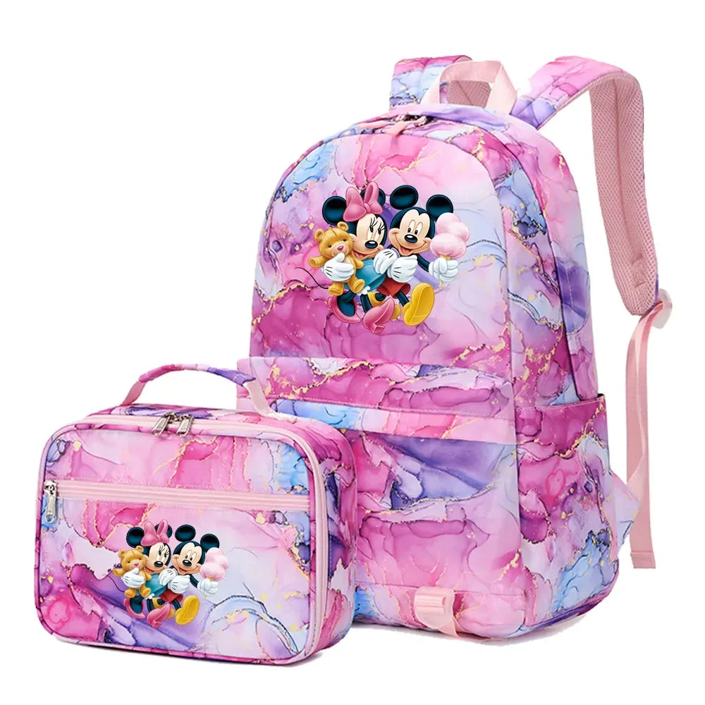 New  Mickey Minnie Mouse 2Pcs Boy Girl Kids School Book Bags Travel Backpack Lunch Bag for Student Teenagers Sets
