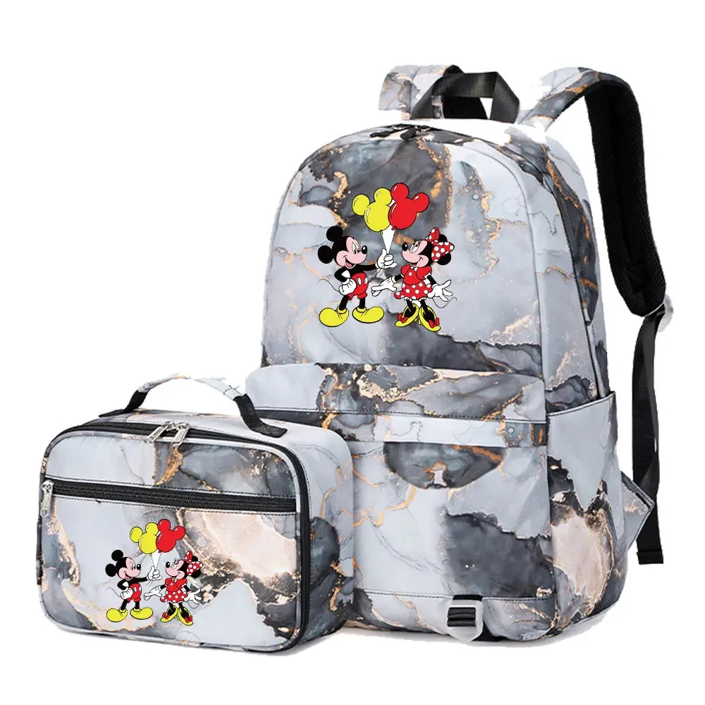 New  Mickey Minnie Mouse 2Pcs Boy Girl Kids School Book Bags Travel Backpack Lunch Bag for Student Teenagers Sets