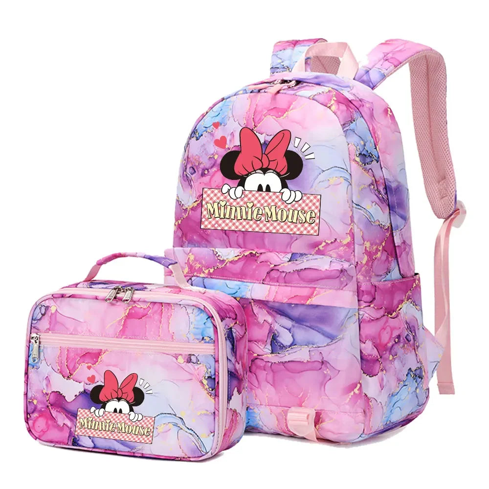 New  Mickey Minnie Mouse 2Pcs Boy Girl Kids School Book Bags Travel Backpack Lunch Bag for Student Teenagers Sets
