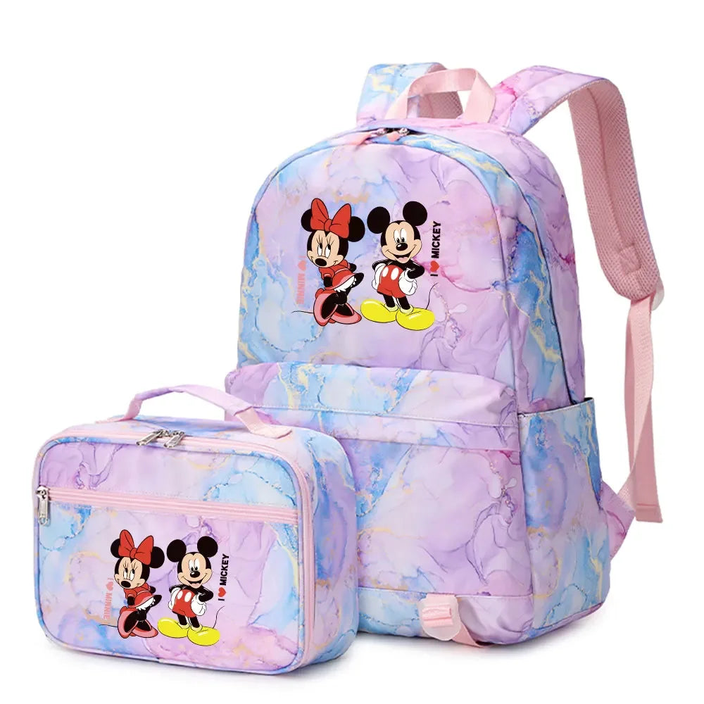 New  Mickey Minnie Mouse 2Pcs Boy Girl Kids School Book Bags Travel Backpack Lunch Bag for Student Teenagers Sets