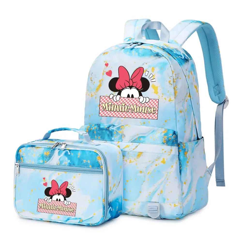 New  Mickey Minnie Mouse 2Pcs Boy Girl Kids School Book Bags Travel Backpack Lunch Bag for Student Teenagers Sets
