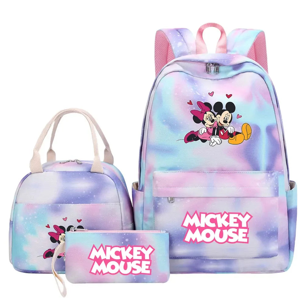 New Mickey Minnie Mouse Girls Kids Pen Lunch Bags Bookbags 3 Pcs Women Teenagers Schoolbags Travel Laptop Rainbow Backpack