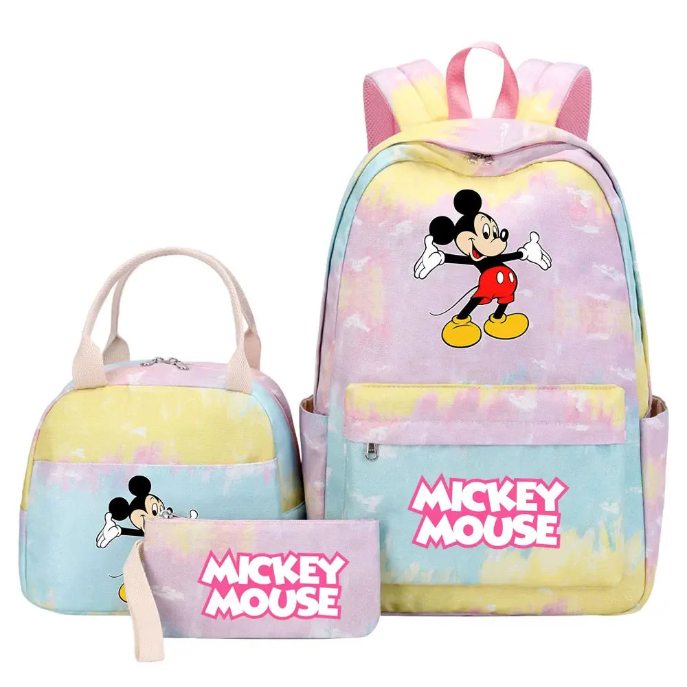 New Mickey Minnie Mouse Girls Kids Pen Lunch Bags Bookbags 3 Pcs Women Teenagers Schoolbags Travel Laptop Rainbow Backpack