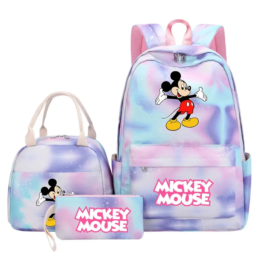 New Mickey Minnie Mouse Girls Kids Pen Lunch Bags Bookbags 3 Pcs Women Teenagers Schoolbags Travel Laptop Rainbow Backpack