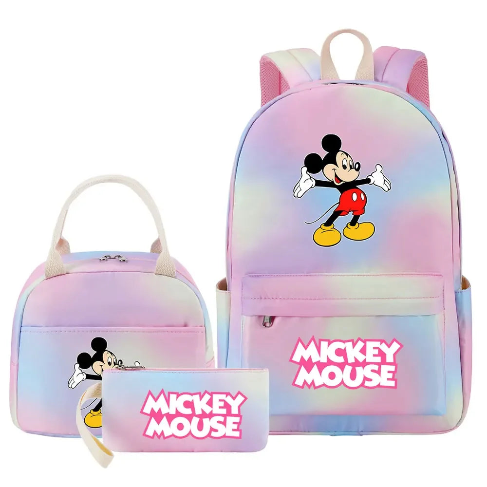 New Mickey Minnie Mouse Girls Kids Pen Lunch Bags Bookbags 3 Pcs Women Teenagers Schoolbags Travel Laptop Rainbow Backpack