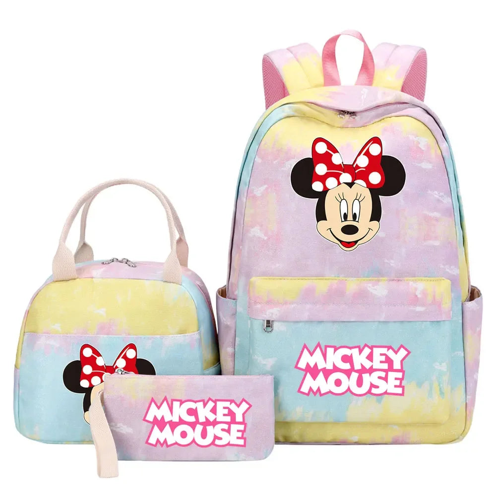 New Mickey Minnie Mouse Girls Kids Pen Lunch Bags Bookbags 3 Pcs Women Teenagers Schoolbags Travel Laptop Rainbow Backpack