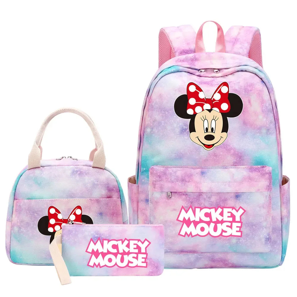 New Mickey Minnie Mouse Girls Kids Pen Lunch Bags Bookbags 3 Pcs Women Teenagers Schoolbags Travel Laptop Rainbow Backpack