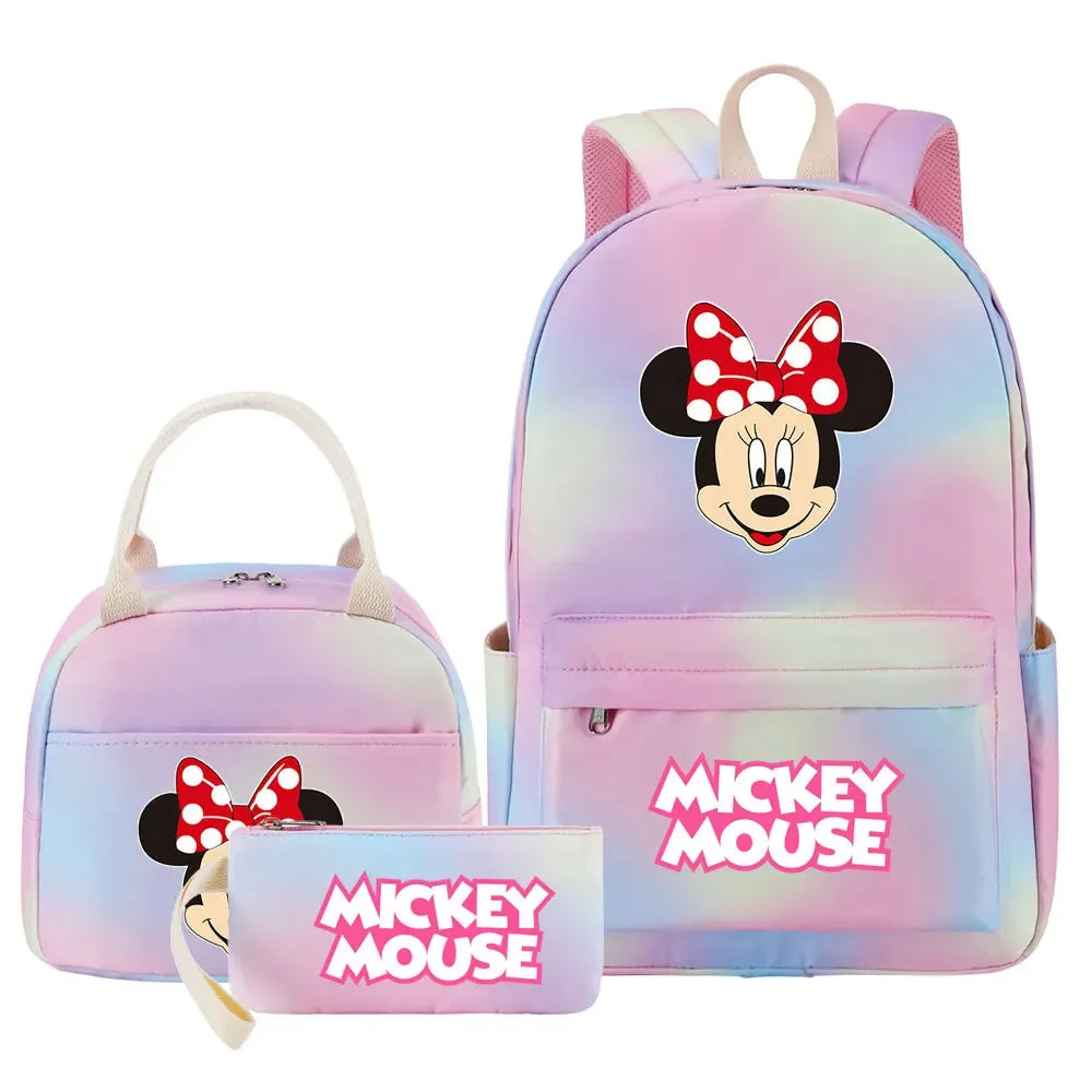 New Mickey Minnie Mouse Girls Kids Pen Lunch Bags Bookbags 3 Pcs Women Teenagers Schoolbags Travel Laptop Rainbow Backpack