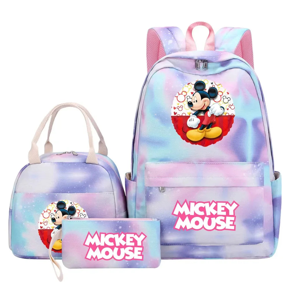 New Mickey Minnie Mouse Girls Kids Pen Lunch Bags Bookbags 3 Pcs Women Teenagers Schoolbags Travel Laptop Rainbow Backpack