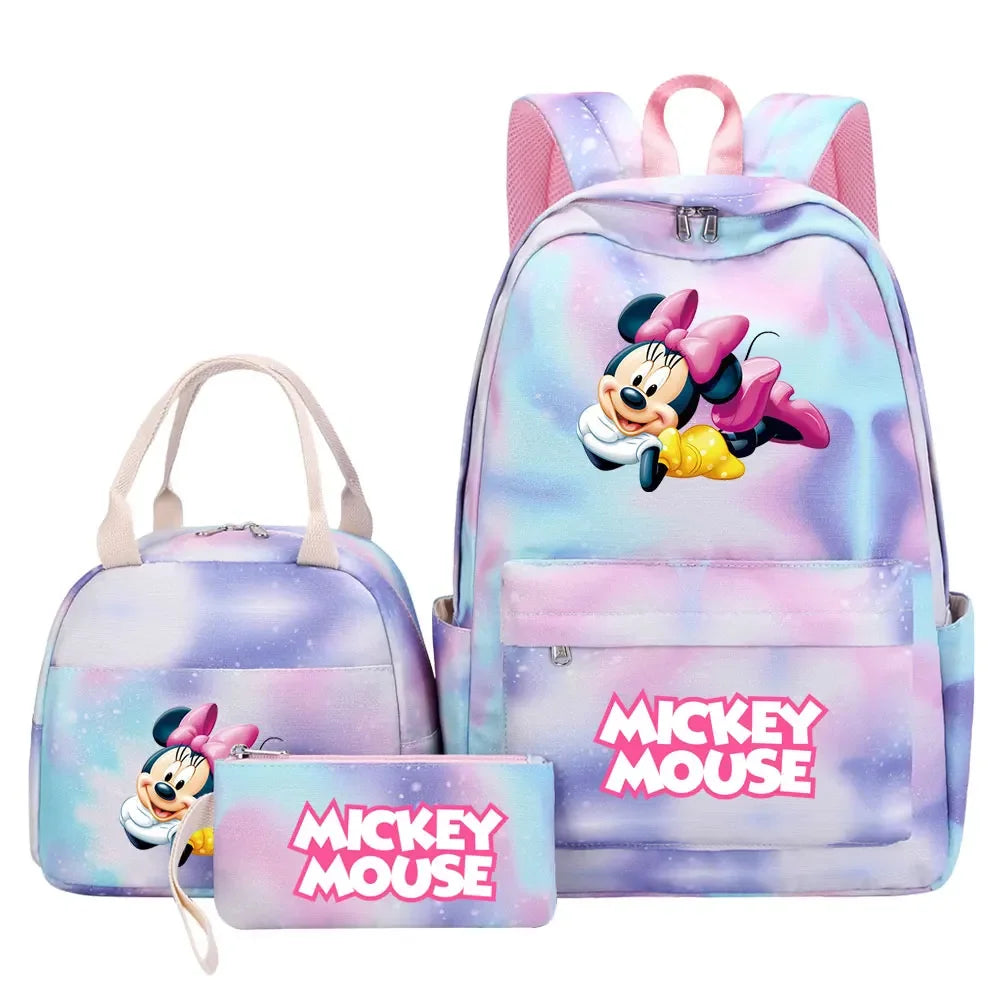 New Mickey Minnie Mouse Girls Kids Pen Lunch Bags Bookbags 3 Pcs Women Teenagers Schoolbags Travel Laptop Rainbow Backpack