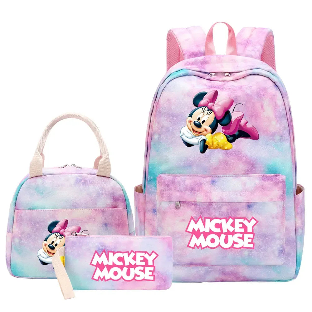 New Mickey Minnie Mouse Girls Kids Pen Lunch Bags Bookbags 3 Pcs Women Teenagers Schoolbags Travel Laptop Rainbow Backpack