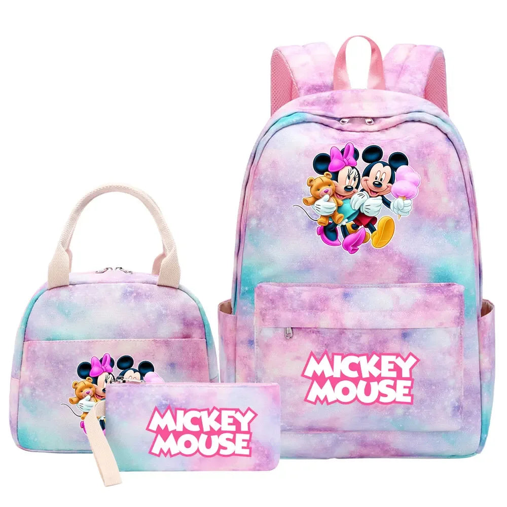 New Mickey Minnie Mouse Girls Kids Pen Lunch Bags Bookbags 3 Pcs Women Teenagers Schoolbags Travel Laptop Rainbow Backpack