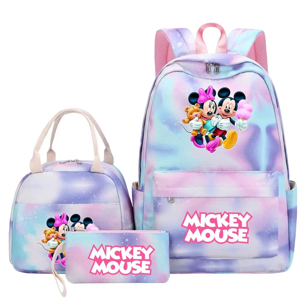 New Mickey Minnie Mouse Girls Kids Pen Lunch Bags Bookbags 3 Pcs Women Teenagers Schoolbags Travel Laptop Rainbow Backpack