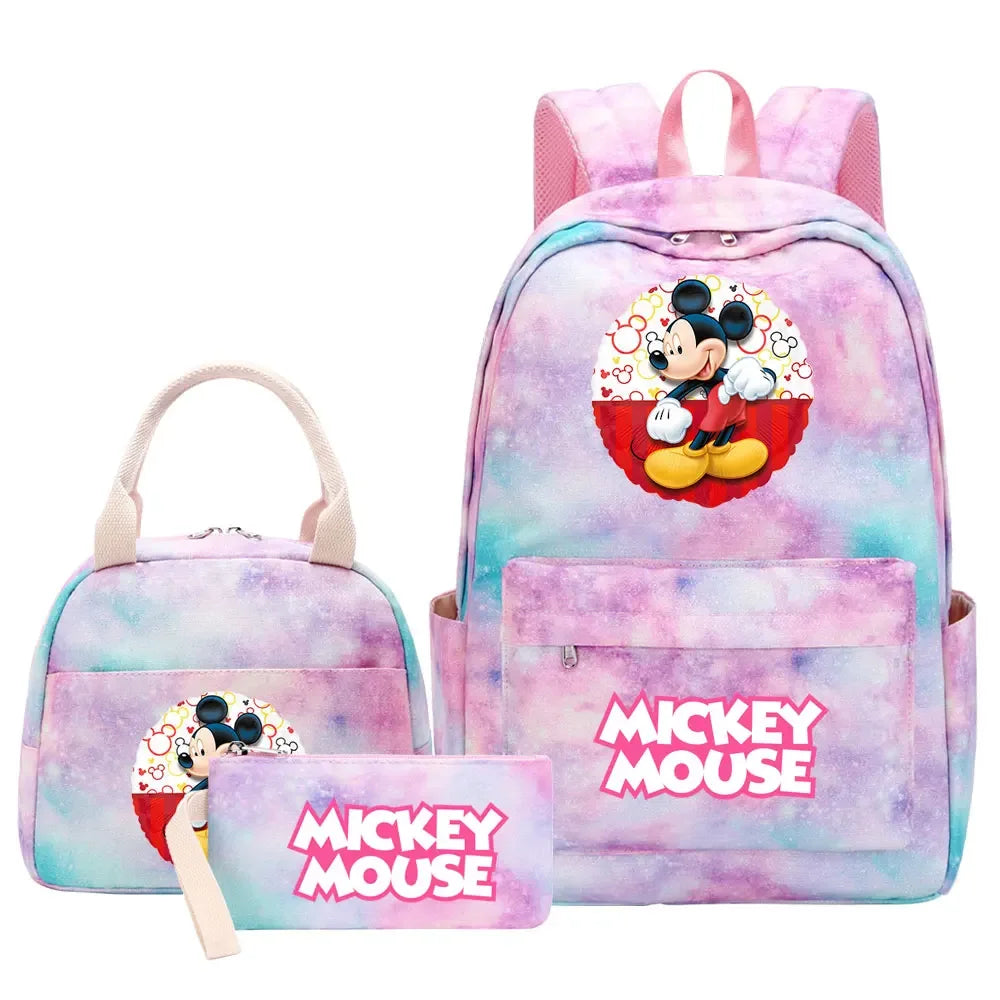 New Mickey Minnie Mouse Girls Kids Pen Lunch Bags Bookbags 3 Pcs Women Teenagers Schoolbags Travel Laptop Rainbow Backpack