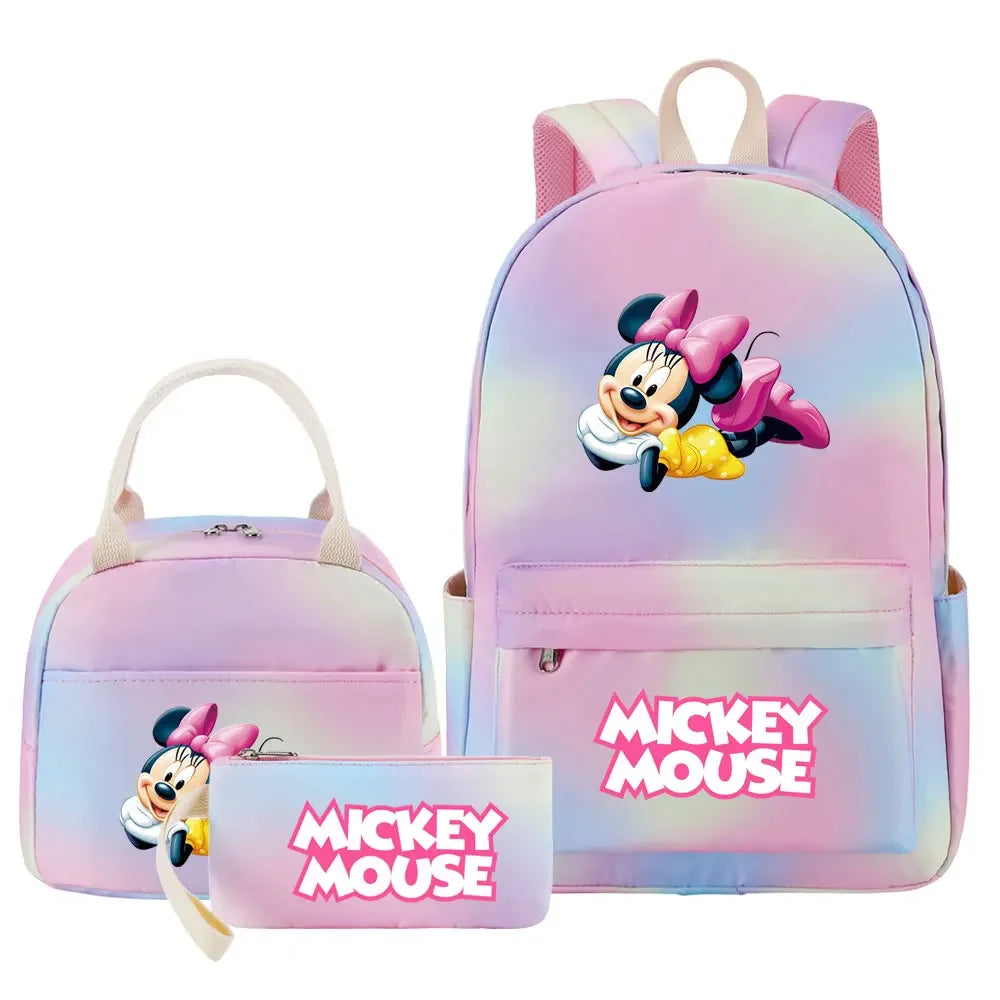 New Mickey Minnie Mouse Girls Kids Pen Lunch Bags Bookbags 3 Pcs Women Teenagers Schoolbags Travel Laptop Rainbow Backpack
