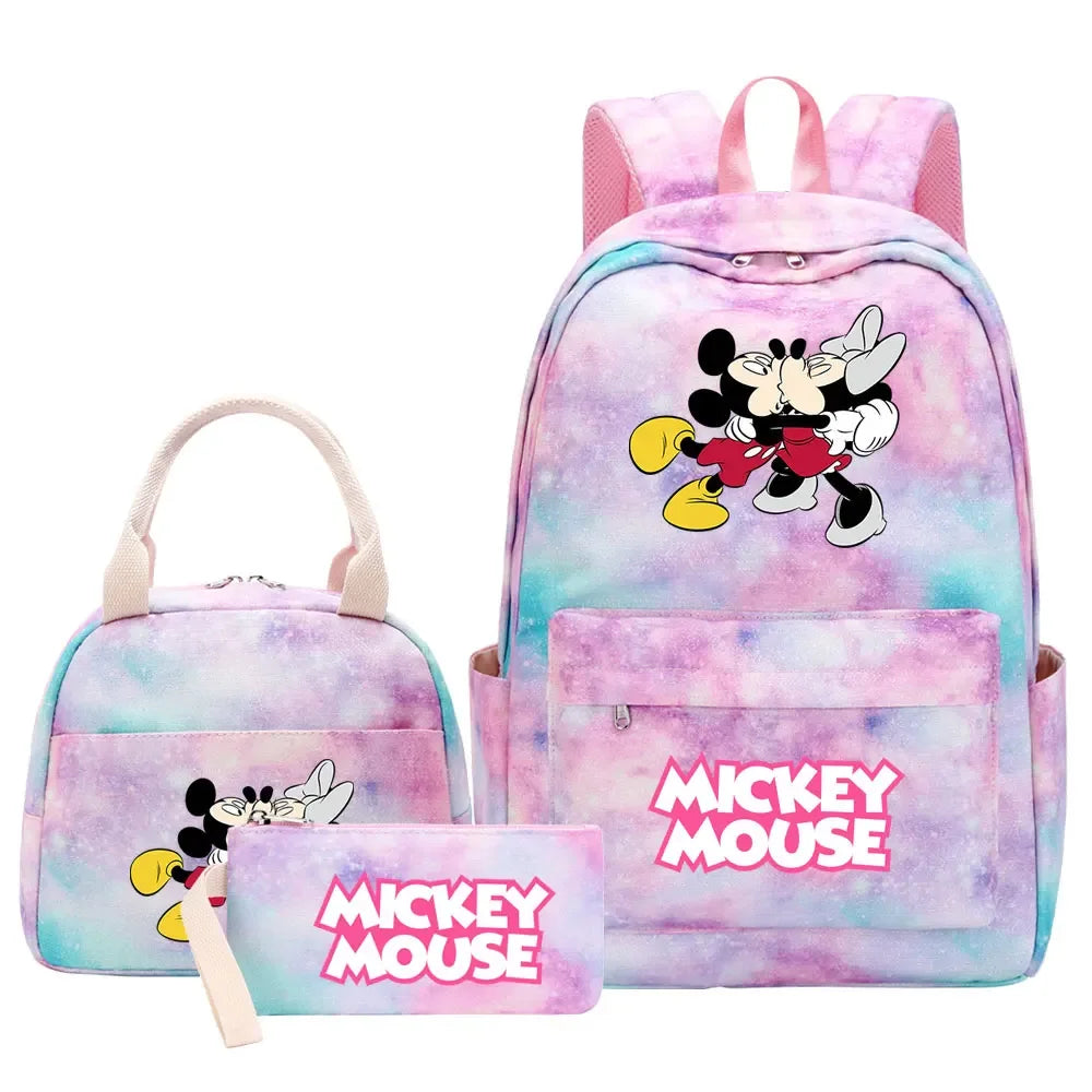 New Mickey Minnie Mouse Girls Kids Pen Lunch Bags Bookbags 3 Pcs Women Teenagers Schoolbags Travel Laptop Rainbow Backpack
