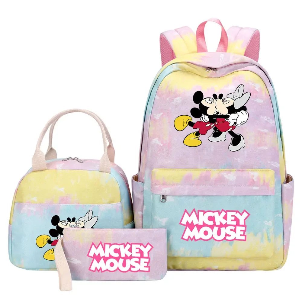 New Mickey Minnie Mouse Girls Kids Pen Lunch Bags Bookbags 3 Pcs Women Teenagers Schoolbags Travel Laptop Rainbow Backpack