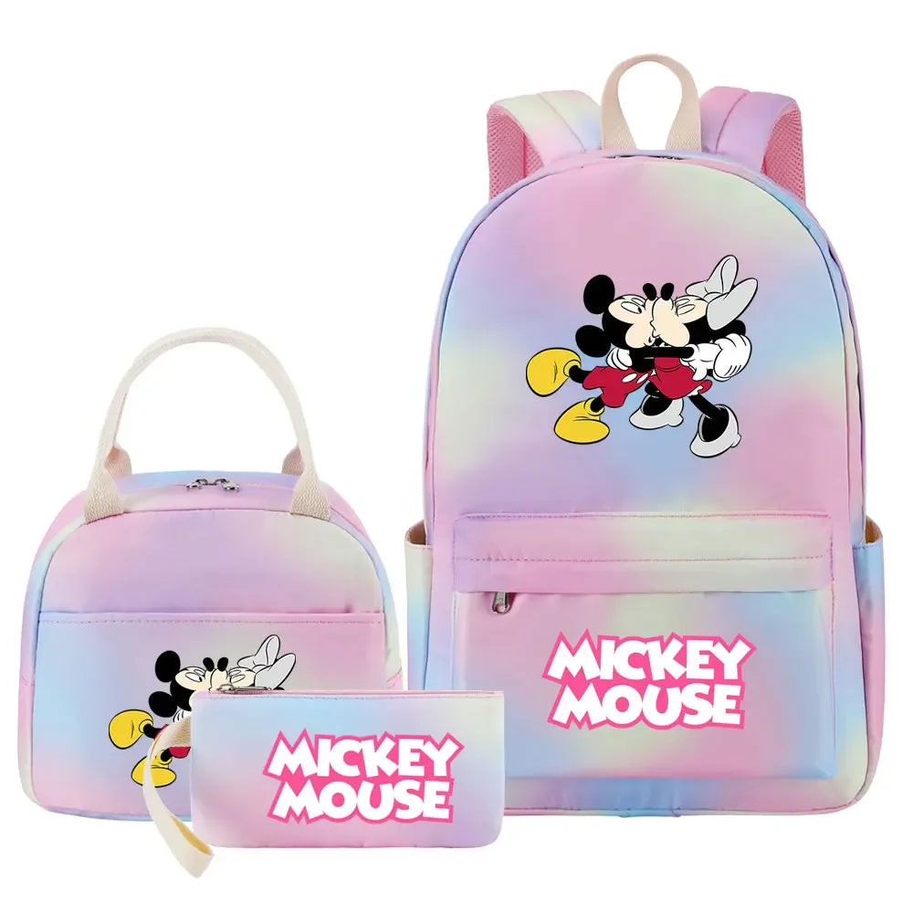New Mickey Minnie Mouse Girls Kids Pen Lunch Bags Bookbags 3 Pcs Women Teenagers Schoolbags Travel Laptop Rainbow Backpack