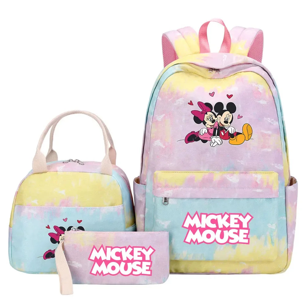 New Mickey Minnie Mouse Girls Kids Pen Lunch Bags Bookbags 3 Pcs Women Teenagers Schoolbags Travel Laptop Rainbow Backpack