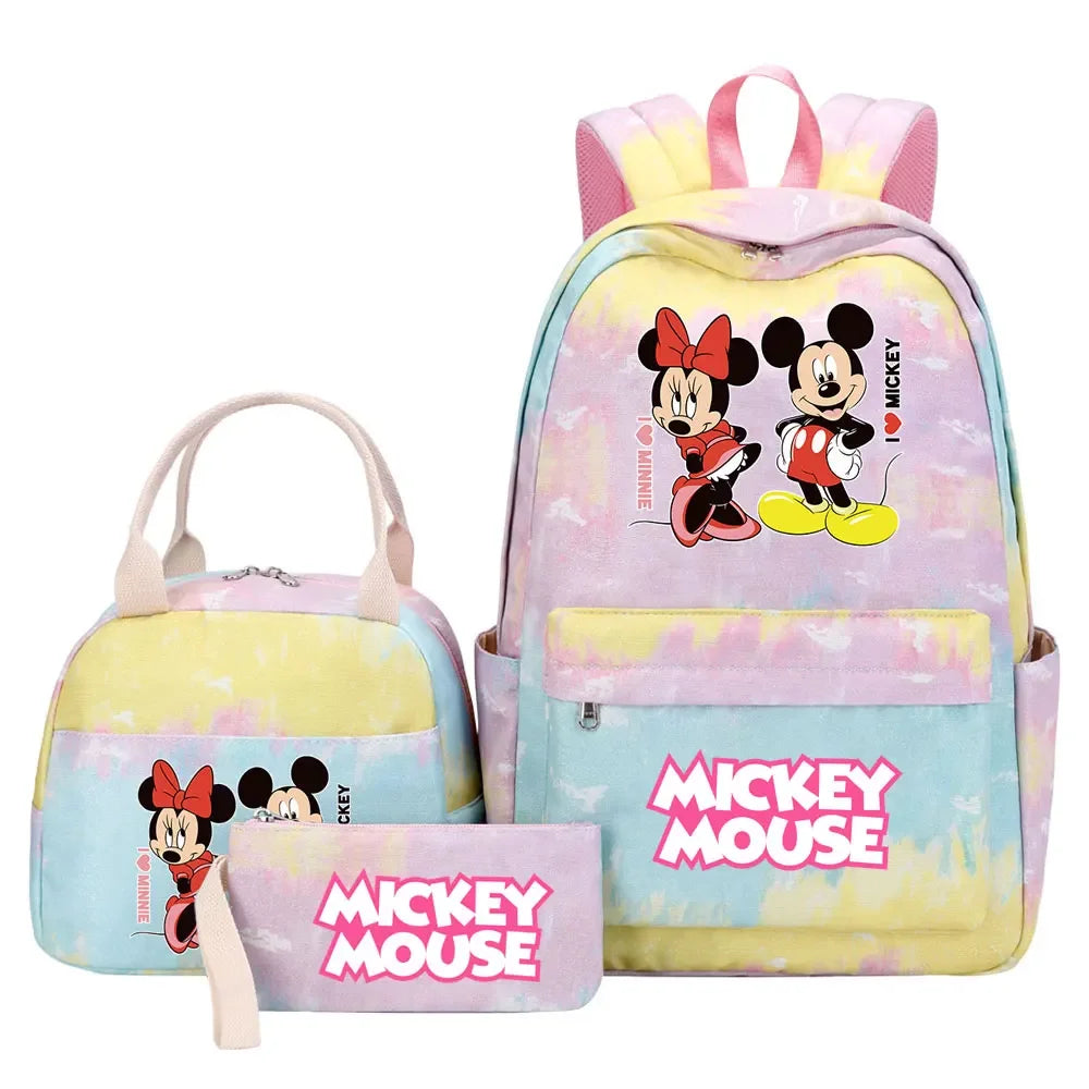 New Mickey Minnie Mouse Girls Kids Pen Lunch Bags Bookbags 3 Pcs Women Teenagers Schoolbags Travel Laptop Rainbow Backpack