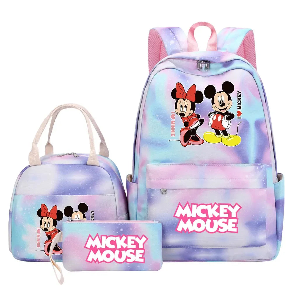 New Mickey Minnie Mouse Girls Kids Pen Lunch Bags Bookbags 3 Pcs Women Teenagers Schoolbags Travel Laptop Rainbow Backpack