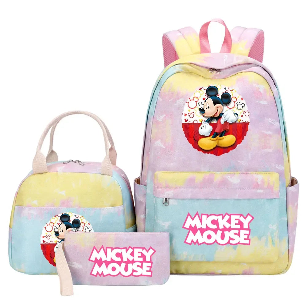 New Mickey Minnie Mouse Girls Kids Pen Lunch Bags Bookbags 3 Pcs Women Teenagers Schoolbags Travel Laptop Rainbow Backpack