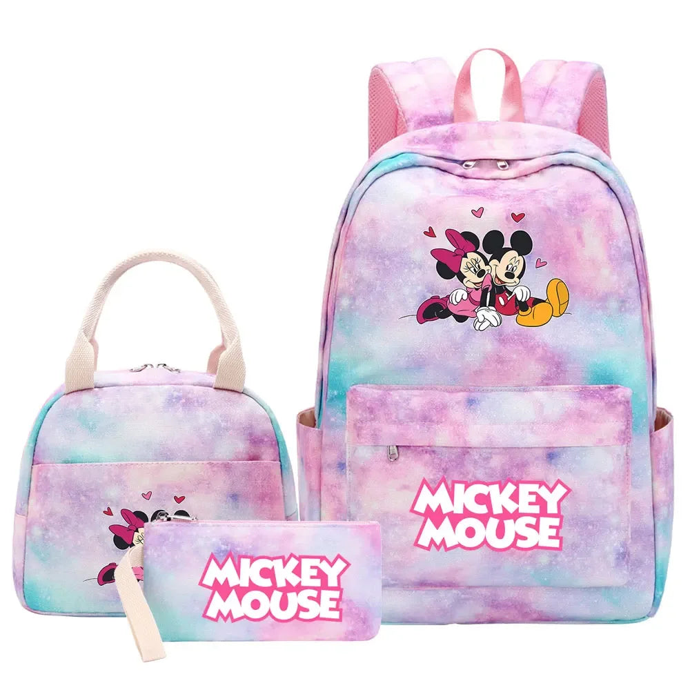 New Mickey Minnie Mouse Girls Kids Pen Lunch Bags Bookbags 3 Pcs Women Teenagers Schoolbags Travel Laptop Rainbow Backpack