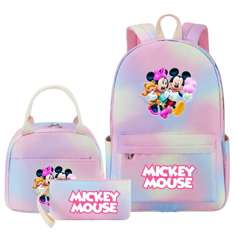 New Mickey Minnie Mouse Girls Kids Pen Lunch Bags Bookbags 3 Pcs Women Teenagers Schoolbags Travel Laptop Rainbow Backpack
