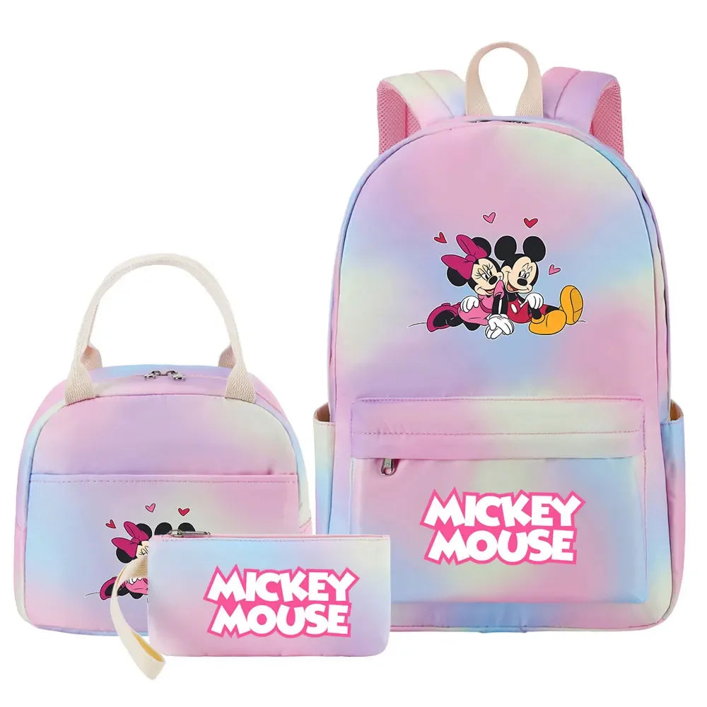 New Mickey Minnie Mouse Girls Kids Pen Lunch Bags Bookbags 3 Pcs Women Teenagers Schoolbags Travel Laptop Rainbow Backpack