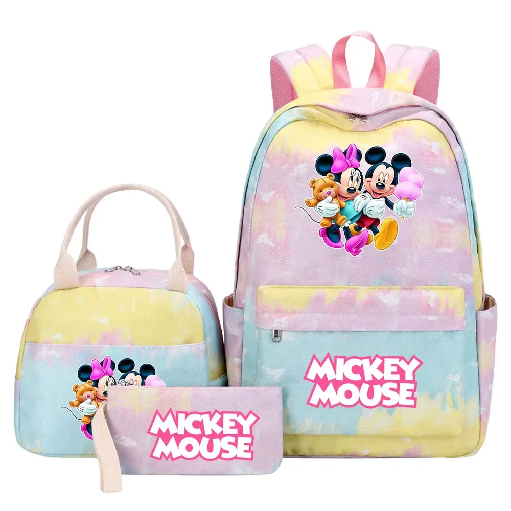 New Mickey Minnie Mouse Girls Kids Pen Lunch Bags Bookbags 3 Pcs Women Teenagers Schoolbags Travel Laptop Rainbow Backpack