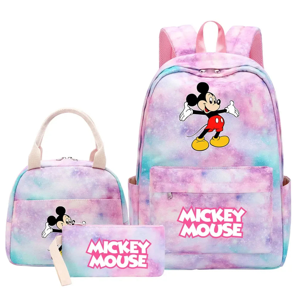 New Mickey Minnie Mouse Girls Kids Pen Lunch Bags Bookbags 3 Pcs Women Teenagers Schoolbags Travel Laptop Rainbow Backpack