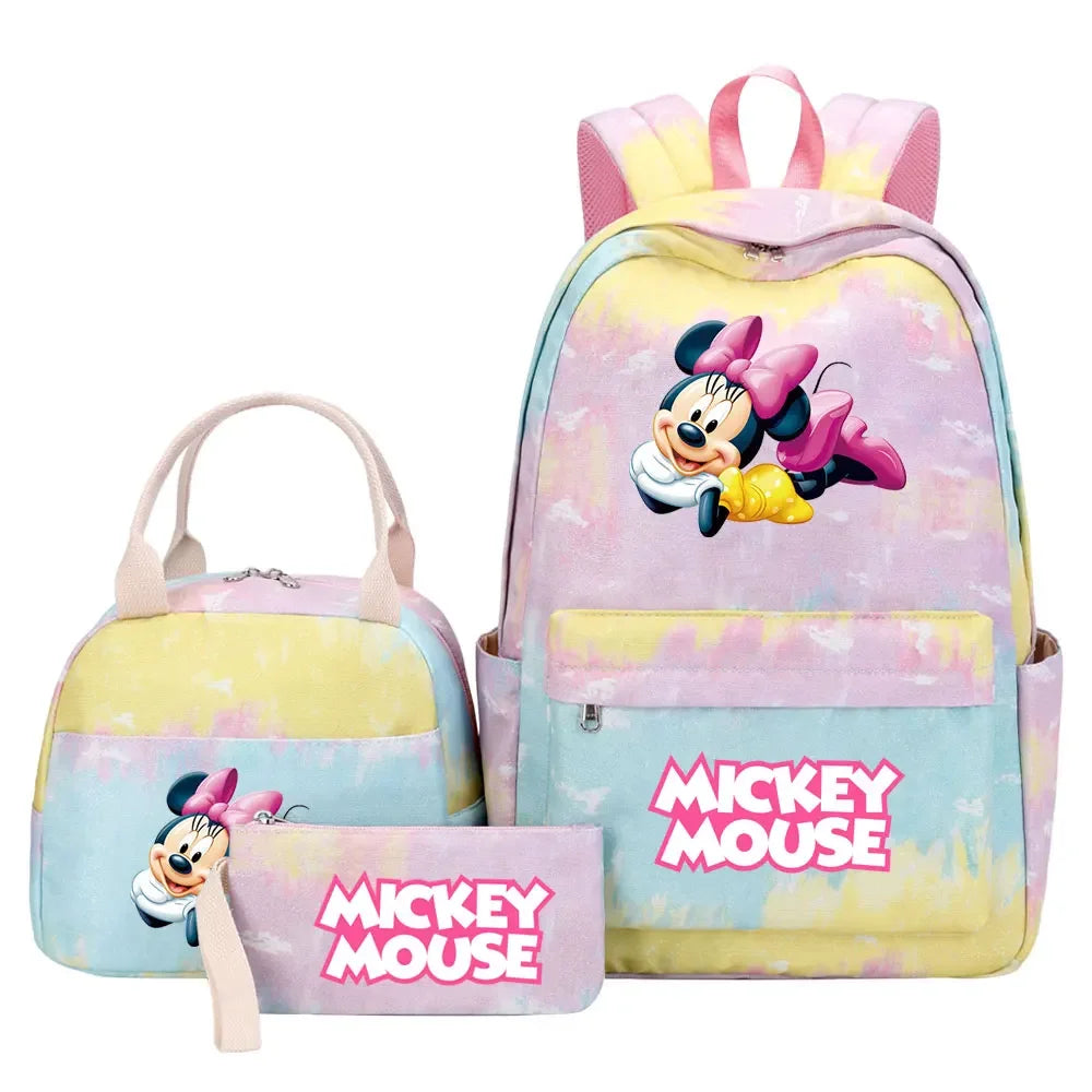 New Mickey Minnie Mouse Girls Kids Pen Lunch Bags Bookbags 3 Pcs Women Teenagers Schoolbags Travel Laptop Rainbow Backpack