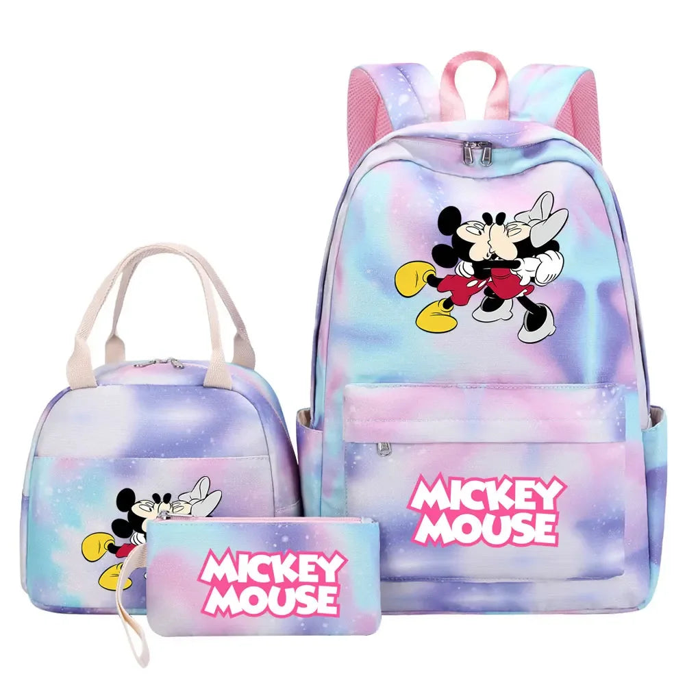 New Mickey Minnie Mouse Girls Kids Pen Lunch Bags Bookbags 3 Pcs Women Teenagers Schoolbags Travel Laptop Rainbow Backpack