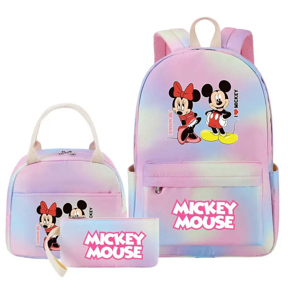 New Mickey Minnie Mouse Girls Kids Pen Lunch Bags Bookbags 3 Pcs Women Teenagers Schoolbags Travel Laptop Rainbow Backpack
