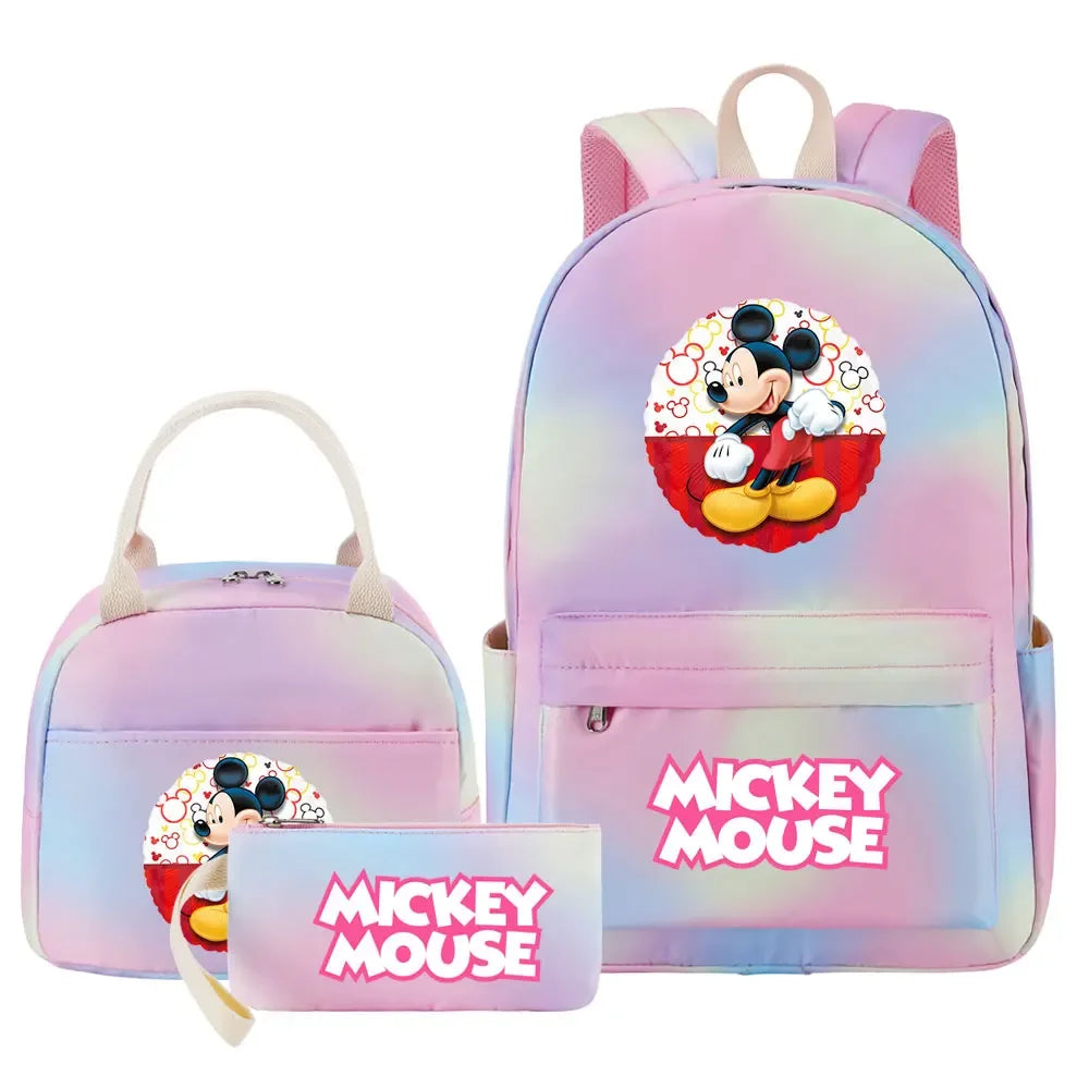New Mickey Minnie Mouse Girls Kids Pen Lunch Bags Bookbags 3 Pcs Women Teenagers Schoolbags Travel Laptop Rainbow Backpack