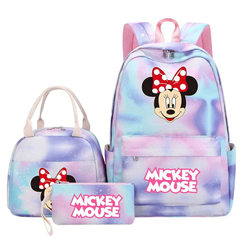 New Mickey Minnie Mouse Girls Kids Pen Lunch Bags Bookbags 3 Pcs Women Teenagers Schoolbags Travel Laptop Rainbow Backpack